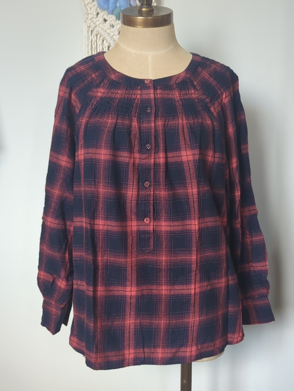 Loft Orange and Blue Plaid 3/4 button blouse Size L